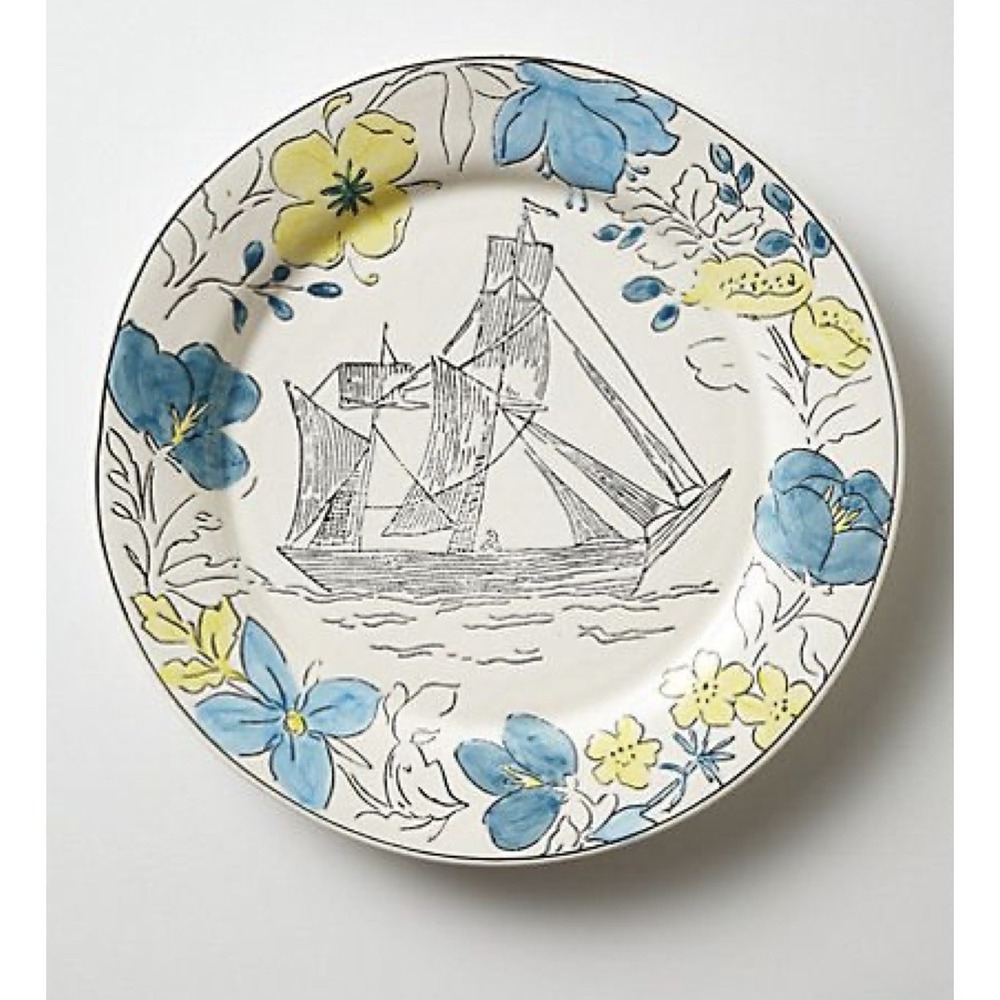 Anthropologie Molly Hatch Pinta Ship Sailboat 11" Plate Blue Flowers Coastal